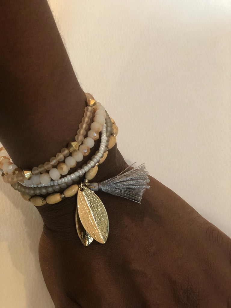 Layered Wooden Beaded with Gray Tassel