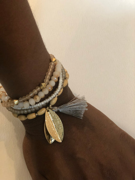 Layered Wooden Beaded with Gray Tassel